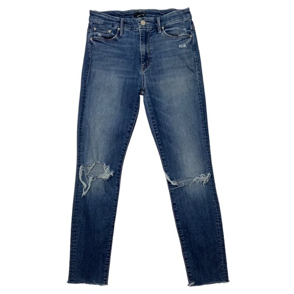 Mother High Waisted Looker Ankle Fray Jean 26 Furiously Happy Blue Distressed - Picture 1 of 12